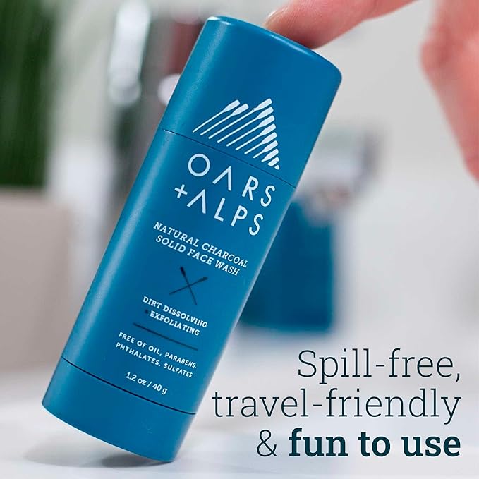 Oars + Alps Exfoliating Face Wash Stick, 2-in-1 Cleanser & Exfoliant with Activated Charcoal & Alpine Moss, Dermatologist Tested, Spill-Free, Travel Size, 1.2 Oz