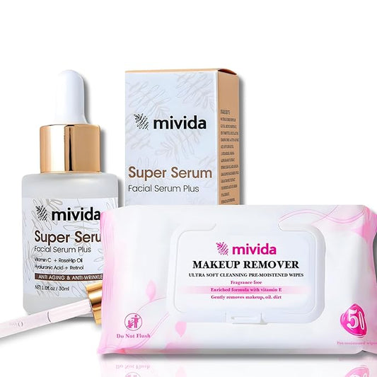 mivida Facial Skin Care Set Hypoallergenic Makeup Remover Wipes With Vitamin E & Super Anti aging Face Serum, Timeless Glow Duo Routine Gifts for Women, Nourishing, Smoothing Fine Lines & Wrinkles