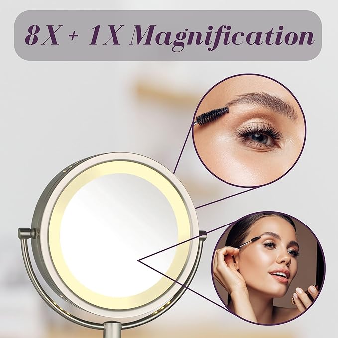 JERDON Wall-Mounted Makeup Mirror with LED Lighting - Direct Wire Lighted Makeup Mirror with 8X Magnification & Nickel Finish Wall Mount - Model HL75ND