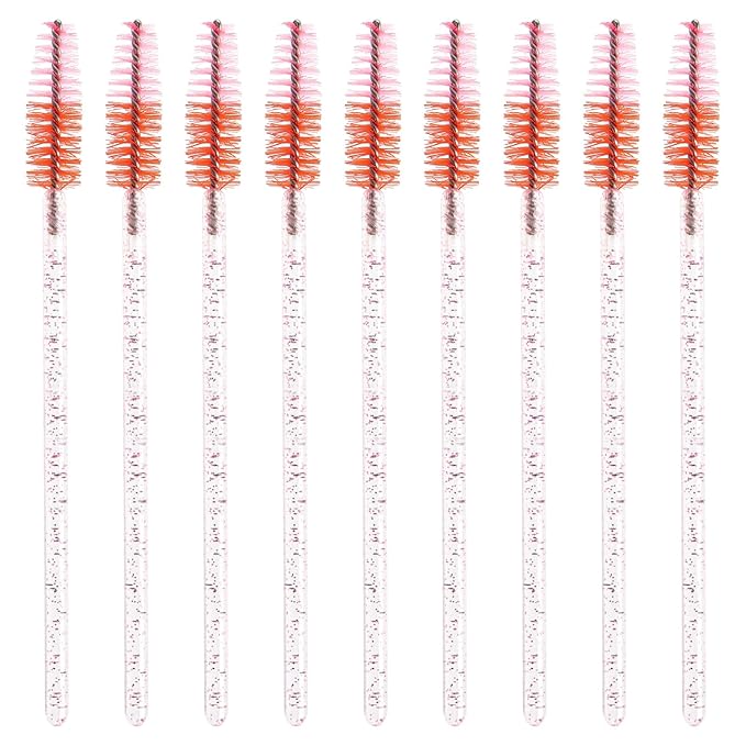 50 PCS Crystal Eyelash Mascara Wands Disposable Lash Brushes for Extensions Spoolie Brush Applicators Makeup Tool Kits (crystal handle red pink)