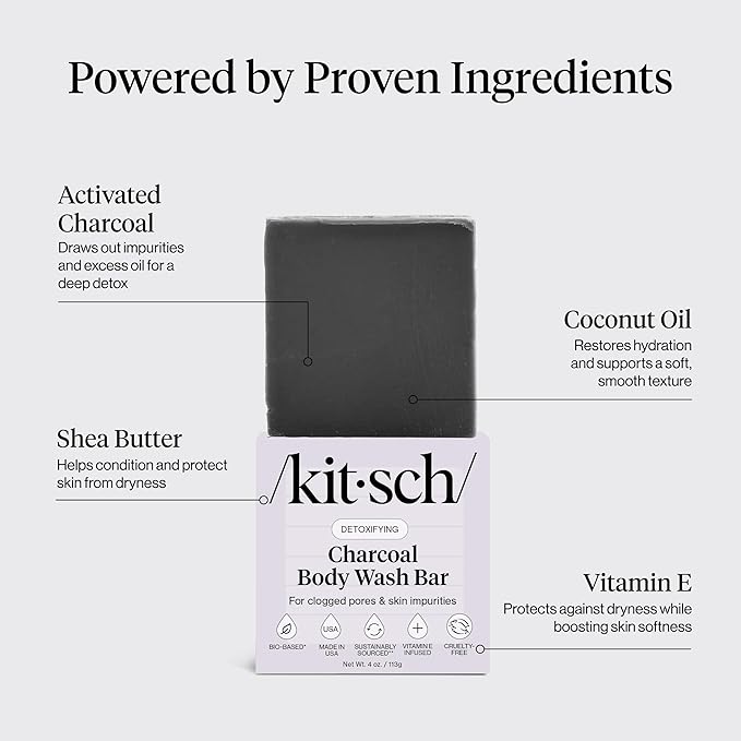 Kitsch Charcoal Soap Body Wash Bar – Detoxifying Bar Soap with Activated Charcoal – Gently Removes Excess Oil & Impurities, Clears Pores, Firms & Moisturizes Skin – Made in USA - 4 oz