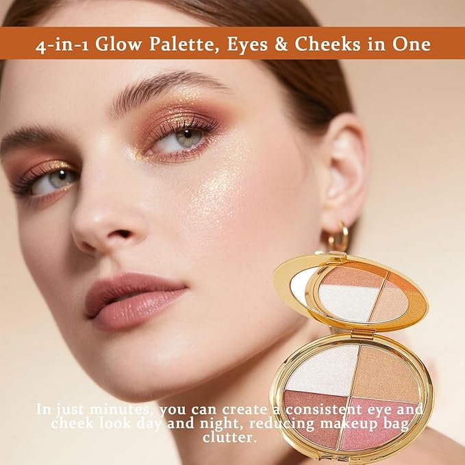 Eye & Cheek Palette - Eyeshadow and Highlighter Makeup (with Detachable Brush), Makeup Palettes Contour Kit, Shimmer Glow Face Highlighter Palette for Women Face, Natural Glow Contour Powder (2pcs)