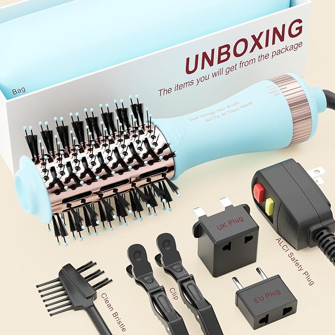 Travel Dual Voltage Hair Dryer Brush 4-in-1 Portable Mini Hot Air Blow Dryer Straightener & Curler Brush, Titanium Round Blowout Styler Volumizer Tools, 110/240V US/EU/UK -Baby Blue & Rose Gold