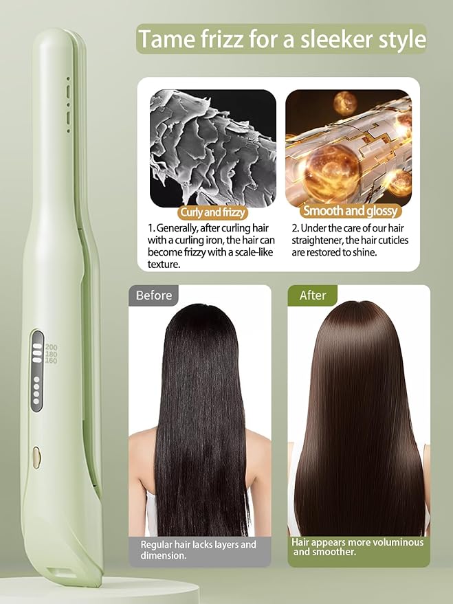 Cordless Hair Straightener and Curler 2 in 1,mini Hair Straightener 3 Temperature 60s Heat Up,Travel Flat Iron Portable,Anion Ionic for Frizz-Free Smooth Hair mini Flat Iron,Green