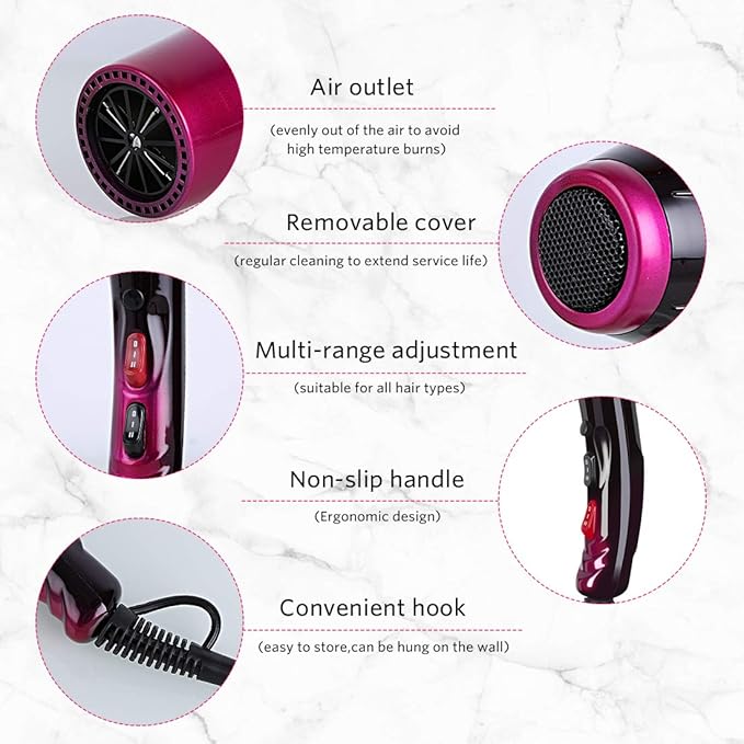 Hair Dryer, 3500 Watt Professional Salon Ionic Blow Dryer with AC Motor, 3 Heat Settings, 2 Speeds, Cool Shot Button, Tourmaline Ceramic, Concentrator & Diffuser Attachments, 110V (Purple)