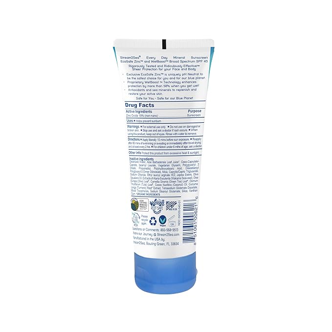 SPF 45 Every Day Active Mineral Sunscreen | 2.5 Fl Oz Biodegradable & Reef Safe Sunscreen for Face & Body | Non-Greasy, Lightweight & Sheer Mineral Protection Against UVA & UVB by Stream2Sea