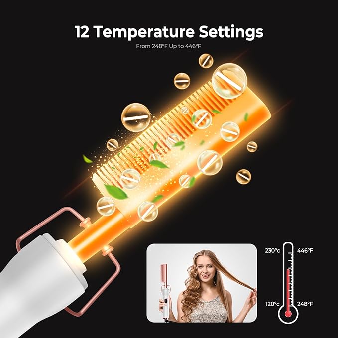 Hot Comb,Travel Curling Iron Double Voltage 110-240V with European Plug Adapter,12 Temp Settings Straightening Comb for Black Hair,Pressing Combs for Straight/Curling