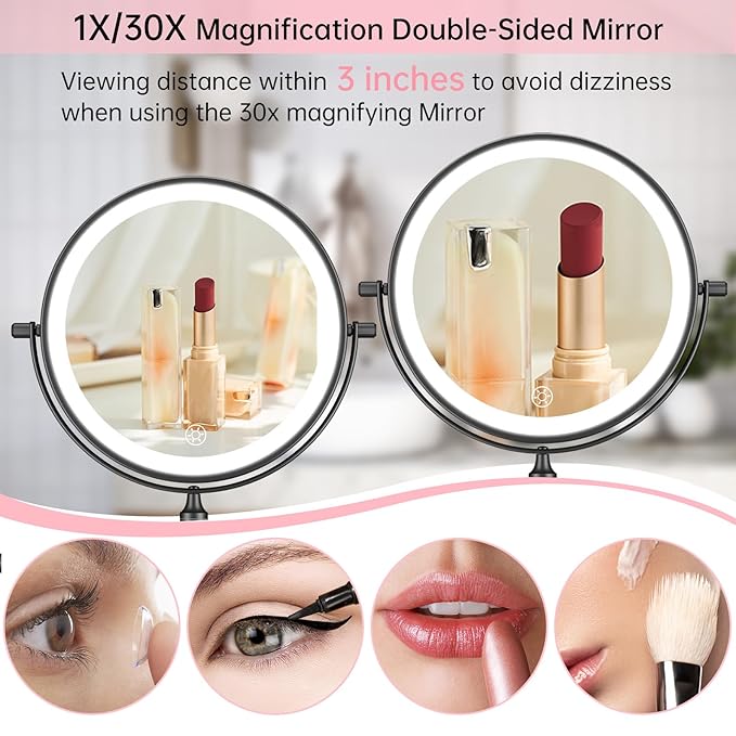 FUNTOUCH Rechargeable Wall Mounted Lighted Makeup Vanity Mirror 8 Inch Double Sided 1X 30X Magnifying Bathroom Mirror, 3 Color Lighting, Touch Dimming, Extended Arm 360 Rotation Light up Mirror Black