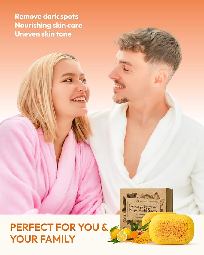 Lemon Turmeric Kojic Acid Soap – Exfoliating Soap with Almond Particles for Dark Spots, Vitamin C and Extra Shea Butter, Gentle Brightening & Moisturizing for Face and Body – 105g x4 Bars