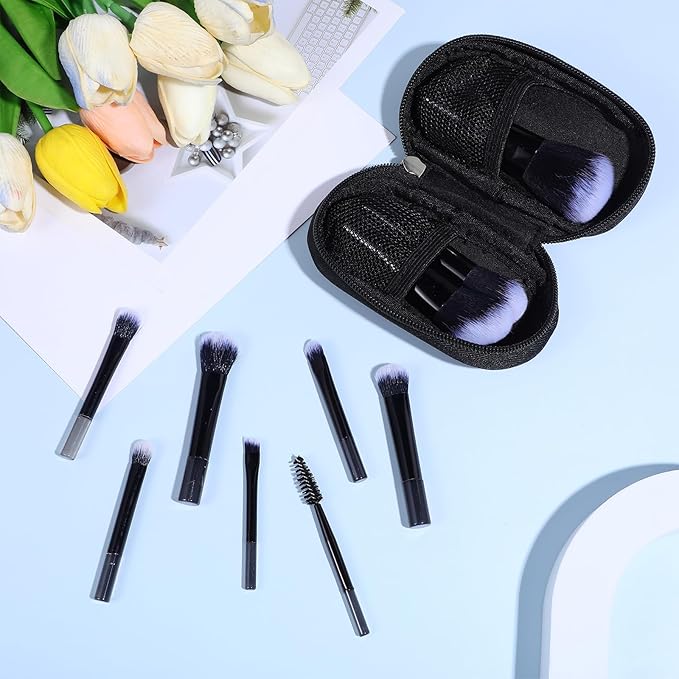 Travel Makeup Brush Set, Portable Mini Cosmetic Brushes with Case Full Complete Function Makeup Brushes Kit with Pouch Foundation Eyebrow Blending Concealer Blush Eyeshadow Contour Pow(Black)