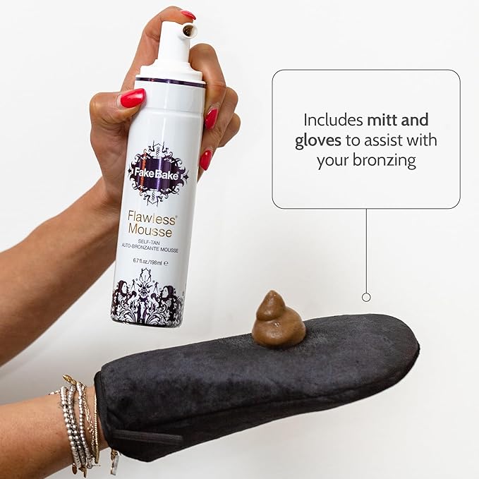 Fake Bake Flawless Self Tanning Mousse Streak-Free, Long-Lasting Natural Glow For All Skin Tones Women & Men - Sunless Tanner Includes Mitt For Easy Application, Black Coconut Scent - 6.7 oz