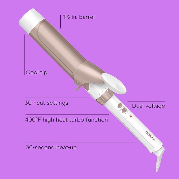 Conair Double Ceramic 1 ½-Inch Curling Iron, 1 ½-Inch Barrel Creates Soft Waves & Curls, Hair Curler for Use on Medium & Long Hair, White/Rose Gold