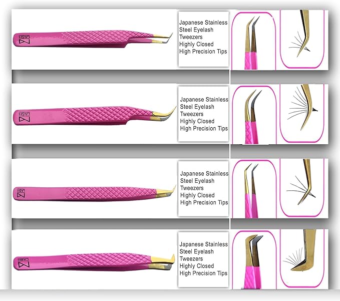 M LASH Tweezers for Eyelash Extensions (Set of 4) - Professional Lash Extension Tweezers - Fiber Tip, Japanese Steel, Diamond Grip Eyelash Extension Tweezer (Pink)