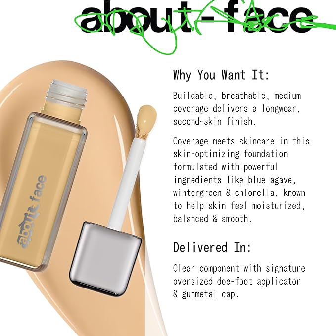 about-face THE PERFORMER Skin-Focused Foundation L2Olive – Medium Coverage, Long-Wear, Breathable & Buildable Base – Clean, Vegan, Hydrating Formula with Blue Agave & Chlorella – 1.08oz