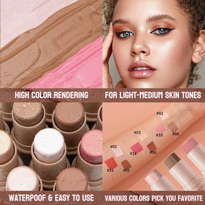 3Pcs Contour Stick Set-Creamy Contour Stick with Blush & Highlighter & Bronzer Not Greasy, Long-Lasting, Waterproof, Contouring Pen Easy to Contour the Face (B)
