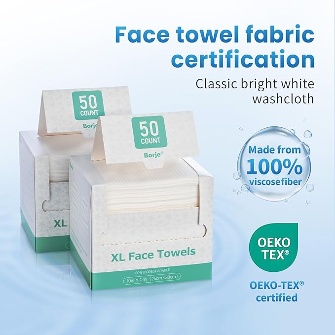Borje Soft Face Towels XL, Thick Disposable Face Towel 10" x 12", 200 Count (4 Packs of 50), 100% USDA Biobased Facial Towelettes, Makeup Remover Wipes for Women Cleansing