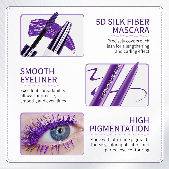 Purple Mascara and Eyeliner Set,5D Colored Mascara Volume and Length Waterproof,Natural Curling rimel de pestañas,Suitable for Women Eye Makeup