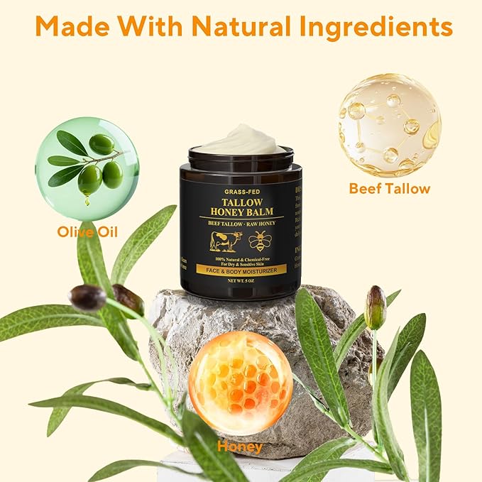 Beef Tallow for Skin, Tallow and Honey Balm, Organic Grass-Fed Whipped Beef Tallow Cream, Deep Moisturizing Facial & Body Balm, 100% Natural Face Moisturizer for All Skin Types (5oz)