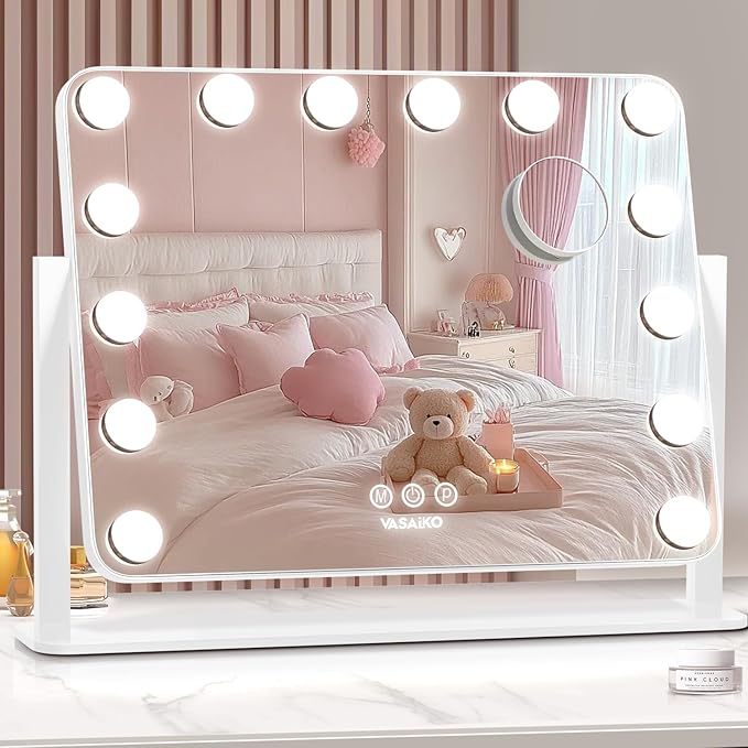 Hollywood Vanity Mirror with Lights, 20.4" x 15.7" Makeup Mirror with 14 LED Dimmable Bulbs, 3 Color Modes, 10X Magnification, USB Charging Port Touch Control, 360°Rotation