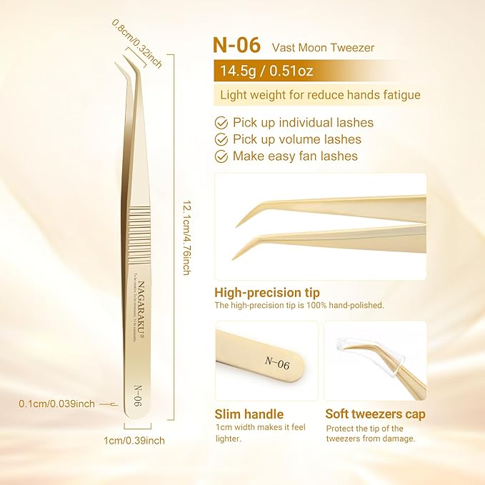 NAGARAKU Gold Tweezers for Eyelash Extensions Curved Angled Volume Cluster Super Light Weight Easy Fanning Tweezers Stainless Steel Precision (N-06)