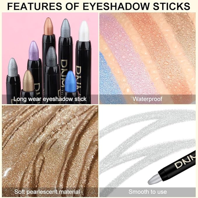 8Pcs Glitter Eye Shadow Sticks Liner Pencils Makeup, Pearl White Smokey Black Gray Silver Violet Purple Khaki Royal Blue Shimmer Glitter Eyeliner Pencil Cream Eyeshadow Palette Makeup for Older Women