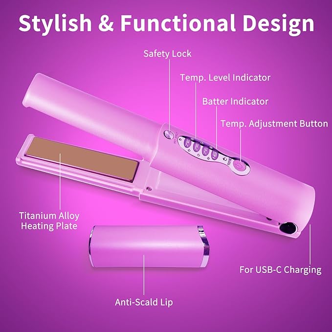 Small Titanium Flat Iron for Short Hair, Mini Cordless Hair Straightener and Curler for Travel, Dual Voltage, Portable, Rechargeable, Fast Heating, 5000mAh Battery, 3 Temp Settings(Shocking Pink)