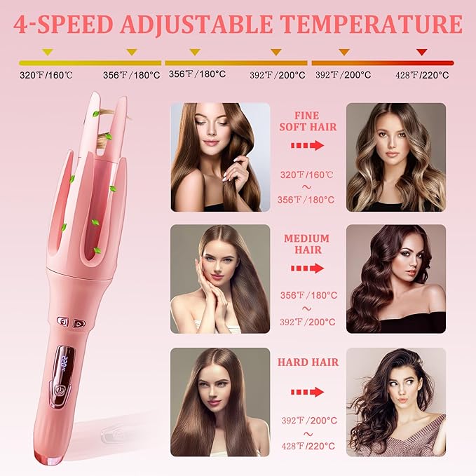 TGTNG® Automatic Hair Curler,Automatic Curling Iron with 4 Temperatures,Dual Voltage Rotating Curling Iron with 1 1/4 inch Fast Heating and Auto Shut-Off for Professional Hair Styling