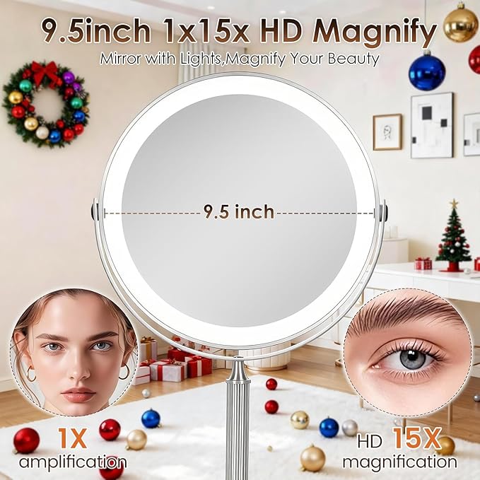 VESAUR 15X Magnifying Mirror with Light, 9.5 Large 5000mAh Rechargeable Double Sided HD Lighted Makeup Mirror with 3 Touch Dimmable Light, 360° Swivel Detachable for Travel Vanity Mirror Nickel, Gifts