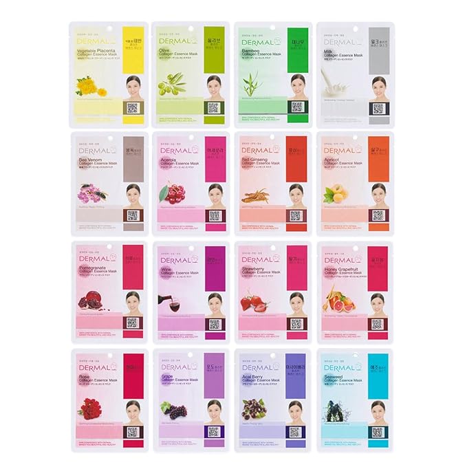 DERMAL Korean Collagen Face Mask – Hydrating & Soothing Sheet Mask with Panthenol – Hypoallergenic Calming Moisture Care for All Skin Types – 16 Combo Pack B