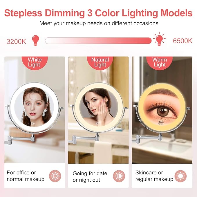FUNTOUCH 5000mAh Rechargeable Wall Mounted Lighted Makeup Vanity Mirrors, Double Sided 1X 30X Magnifying, 3 Color Lighting, Touch Screen Dimming, Extended Arm 360 Rotation Shaving Bathroom Mirror