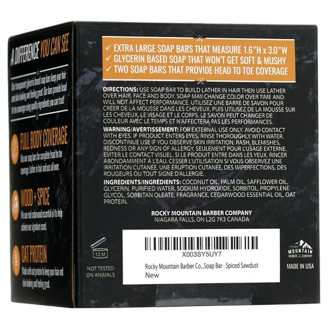 Men’s All-in-One Shampoo & Body Soap Bars – Extra Thick 1.6” Glycerin Hair & Body Soap Bars - 2 Soaps - Spiced Sawdust Scent - with Coconut Oil, Oat Protein & Cedarwood Oil - Made in USA - 14.5 oz