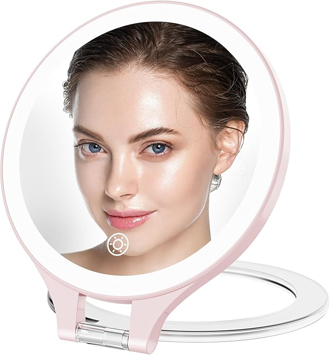 Magnifying Mirror with Light 10X/1X, Double Sided travel mirror with light, Rechargeable makeup mirror with 3 color setting Adjustable stand Lighted mirror Vanity Portable Desk Cosmetic Mirror