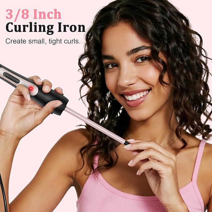 3/8 Inch Small Curling Iron, 9mm Tiny Curling Wand for Short & Long Hair, Ceramic Small Barrel Curling Iron with Adjustable Temperature, Fast Heating Hair Curler with Heat Resistant Glove & 2 Clips