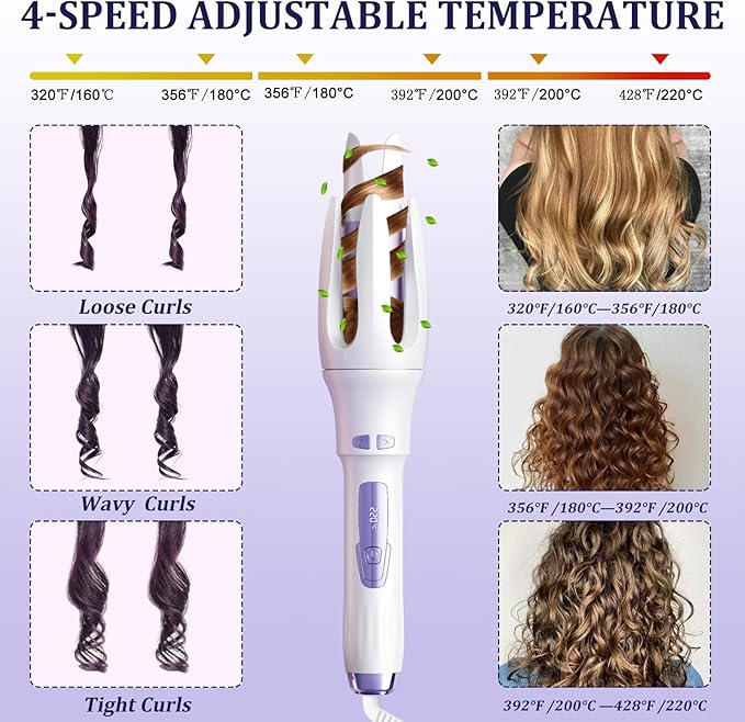TGTNG® Automatic Hair Curler,Automatic Curling Iron with 4 Temperatures,Dual Voltage Rotating Curling Iron with 1 1/4 inch Fast Heating and Auto Shut-Off for Professional Hair Styling