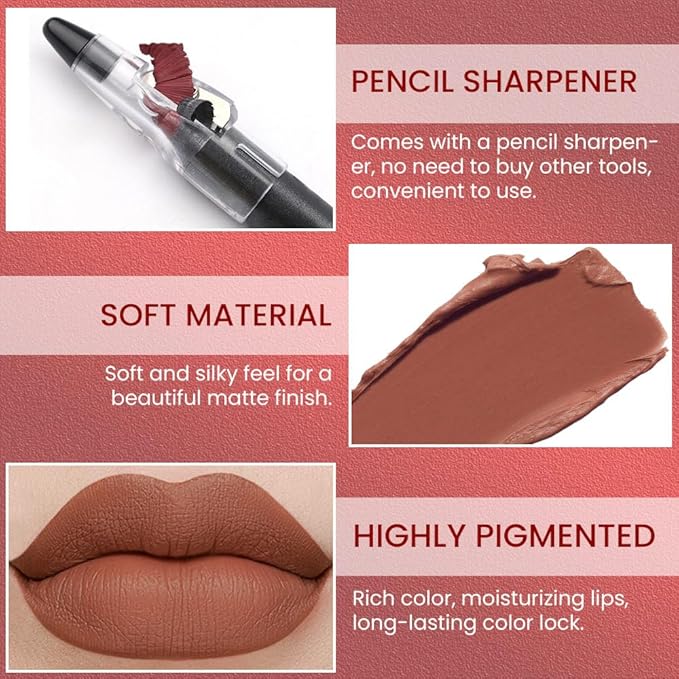 Nude Brown Crayon Matte Lipstick Lip Liner Pencil, Moisture Smooth Lipstick Penil, With Pencil Sharpener Sharpenable Lip Pen Ultimate Lip Crayon for Women Easy to Apply Waterproof 11#