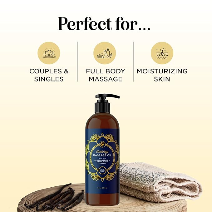 Luxurious Vanilla Massage Oil for Couples - Easy Glide Non Greasy Sweet Vanilla Sensual Massage Oils for Date Night with Silky Smooth Sweet Almond Oil Coconut and Jojoba - Vegan Non GMO & Gluten Free