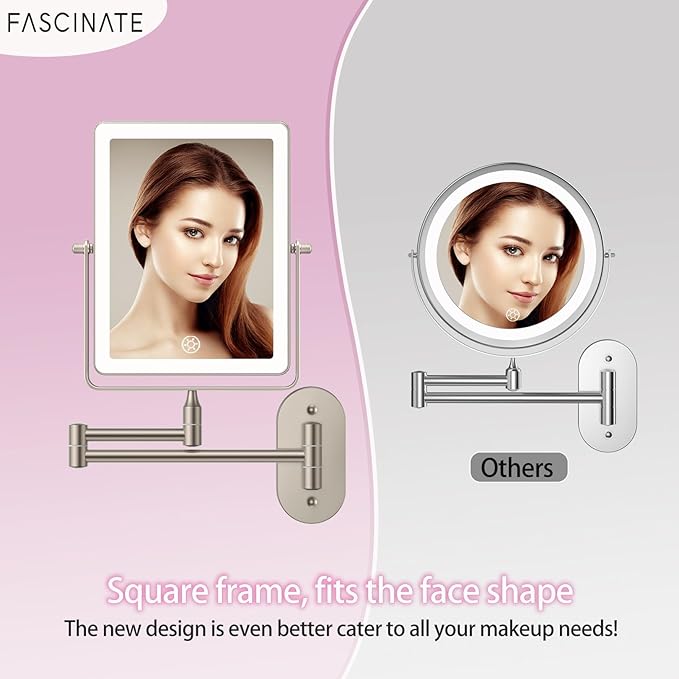 FASCINATE Rechargeable Wall Mounted Makeup Mirror, 8.7" Double Sided Touch Switch 1X 10X Rectangle Magnifying Mirror Wall Mounted, 3 Color Setting, Extended Arm 360° Swivel Foldable Nickel