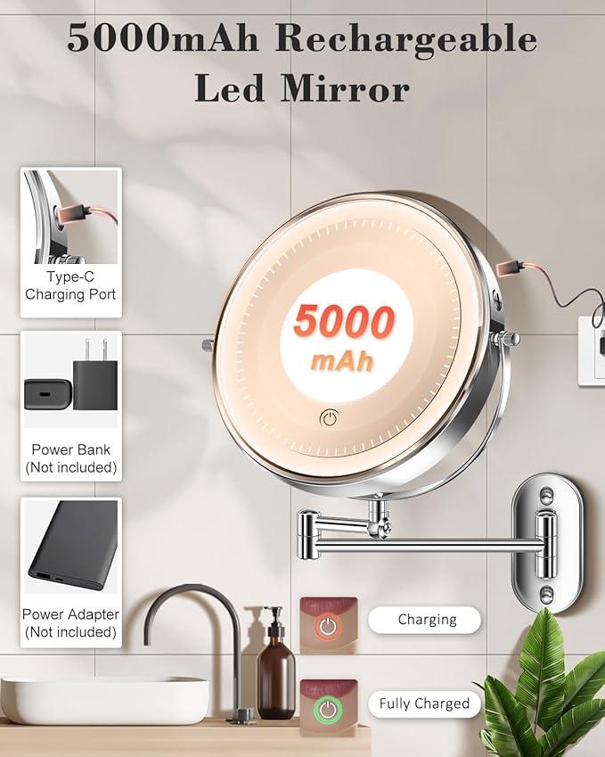 30X/1X Wall Mounted Lighted Makeup Mirror, 9'' Height Adjustable Double Sided 5000mAh Rechargeable Magnifying Bathroom Mirror with Light, 3 Color Modes Touch Dimmable Extended Arm 360 Rotation