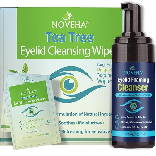 NOVEHA Makeup Cleansing Set – Tea Tree Oil Wipes (60pcs) + Foaming Eyelid Cleanser 3.4oz | Daily Eye Area Cleanser & Makeup Removal Duo