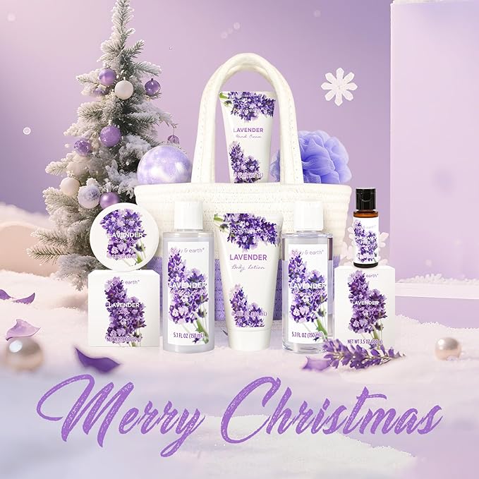 BODY & EARTH Spa Gift Baskets for Women 11pcs Lavender Gift Sets with Bubble Bath, Shower Gel, Body Lotion, Birthday Gifts for Women, Spa Kit for Mom Gifts, Purple Gift