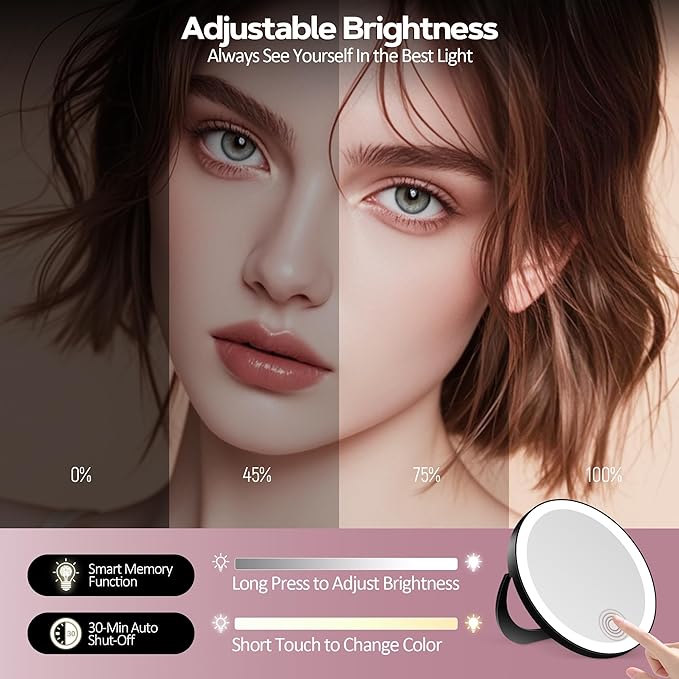 30X Magnifying Mirror Suction Cup, 6" Makeup Mirror with Lights, Rechargeable Travel Mirror with 3 Color Dimmable Lights for Precision Makeup, Fits Bathroom/Wall Suction/Hanging, Black