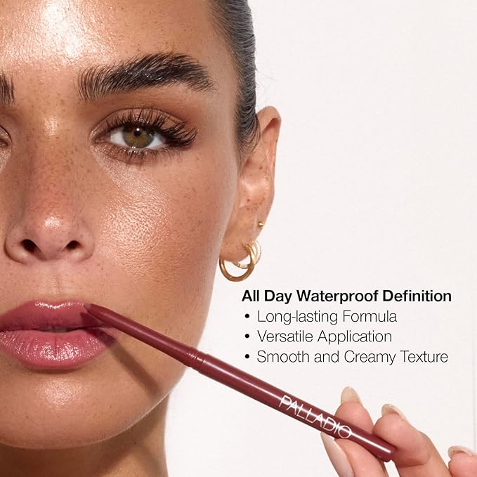 Palladio Retractable Waterproof Lip Liner High Pigmented and Creamy Color Slim Twist Up Smudge Proof Formula with Long Lasting All Day Wear No Sharpener Required, Coffee