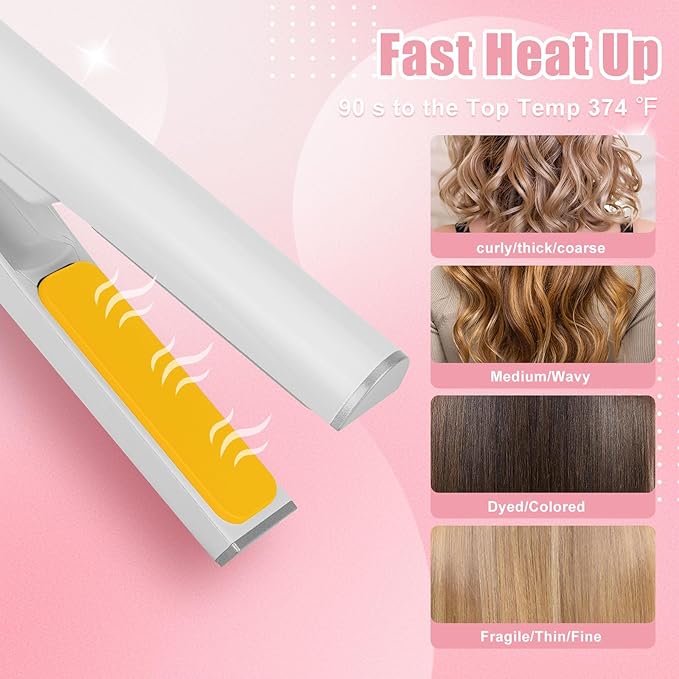 Mini Portable Cordless Hair Straightener,USB Rechargeable，Rapid Heating can Work continuously for 40 Minutes,Wireless Curling Iron for Travel (White)