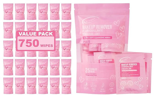 Air Jungles Makeup Remover Wipes Singles Wrapped 30 Pack, 750 Singles, Extra Large 6" x 8", Fragrance-Free, Removes Makeup and Oil, Ultra Soft Cleansing Wipes, Alcohol Free