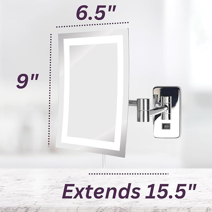 JERDON Rectangular Wall Mount Makeup Mirror - Direct Wire Makeup Mirror with 5X Magnification and LED Lights - Chrome Finish - Model JRT710CLD