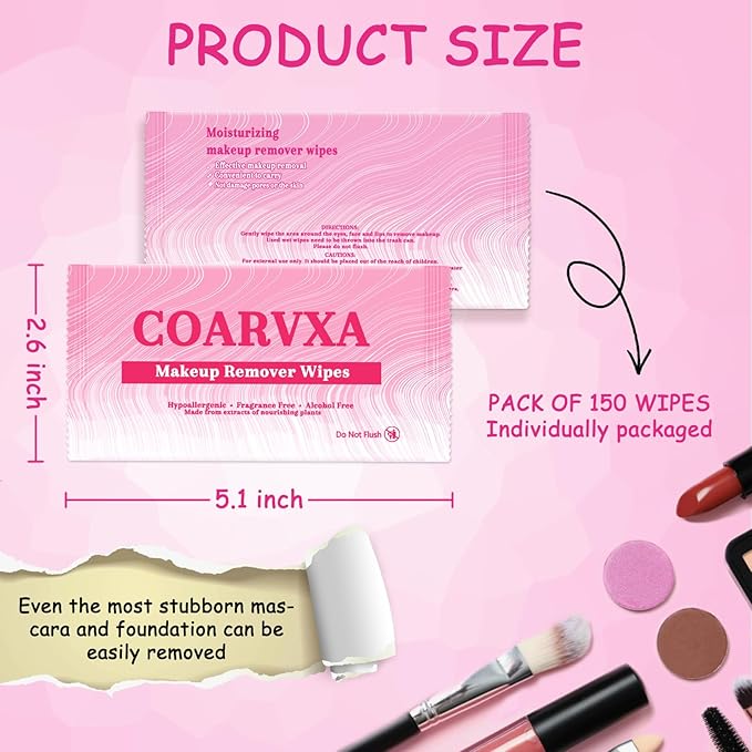 150 Count Makeup Remover Wipes Mini Makeup Wipes Travel Face makeup wipes Individually Wrap For Mascara Lipstick Oil Dirt Face Skin Hypoallergenic Alcohol-Free