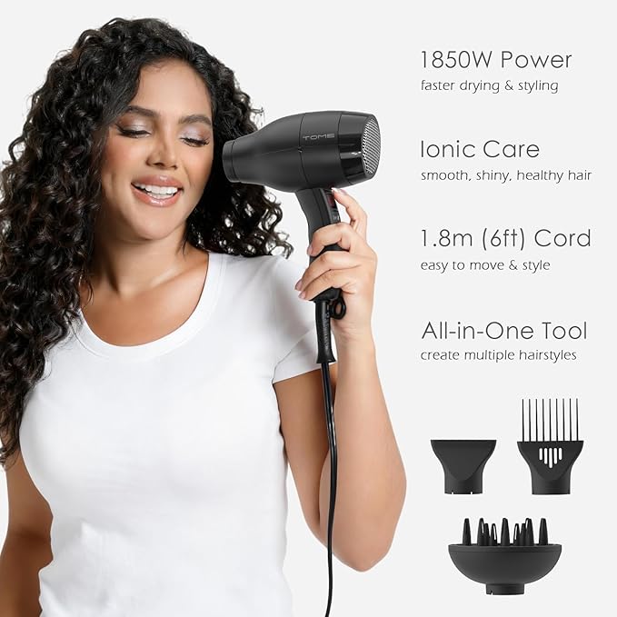 TOME Hair Dryer with Diffuser Blow Dryer Ionic 1875W Cool Shot Curly Hair Teeth Comb Nozzle attachments Light Weight Low Noise Fast Dry Black