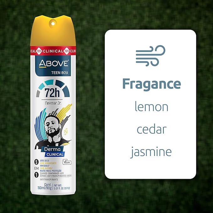 ABOVE Neymar Jr Teen Boy - 72H Antiperspirant Spray Deodorant for Men 5.07 Fl Oz(4 Pack) | Aluminum-Free | Fresh Mist, No Stain & Alcohol, Long-Lasting Men's Deodorant Spray | Lemon, Cedar, Jasmine