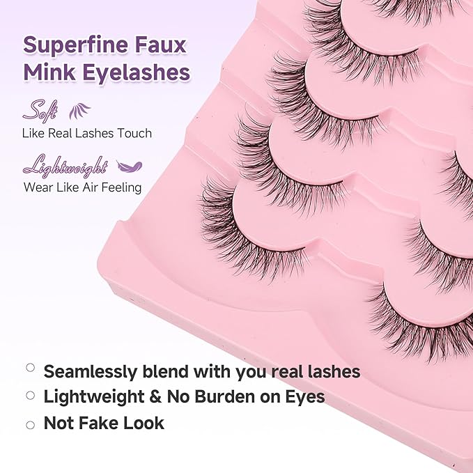 Natural Cat Eye Lashes - 14mm Wispy Eyelashes with Thin Band, 3D Volume, Soft Strip Lashes Pack C Curl - 7 Pair