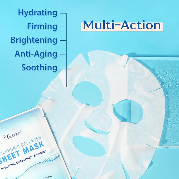 Ebanel 10 Pack Collagen Face Mask with Hyaluronic Acid, Vitamin C, Peptide, Aloe, Instant Brightening Hydrating Face Masks Skincare Korean Sheet Mask, Skin Firming, Lifting Anti Aging Facial Masks